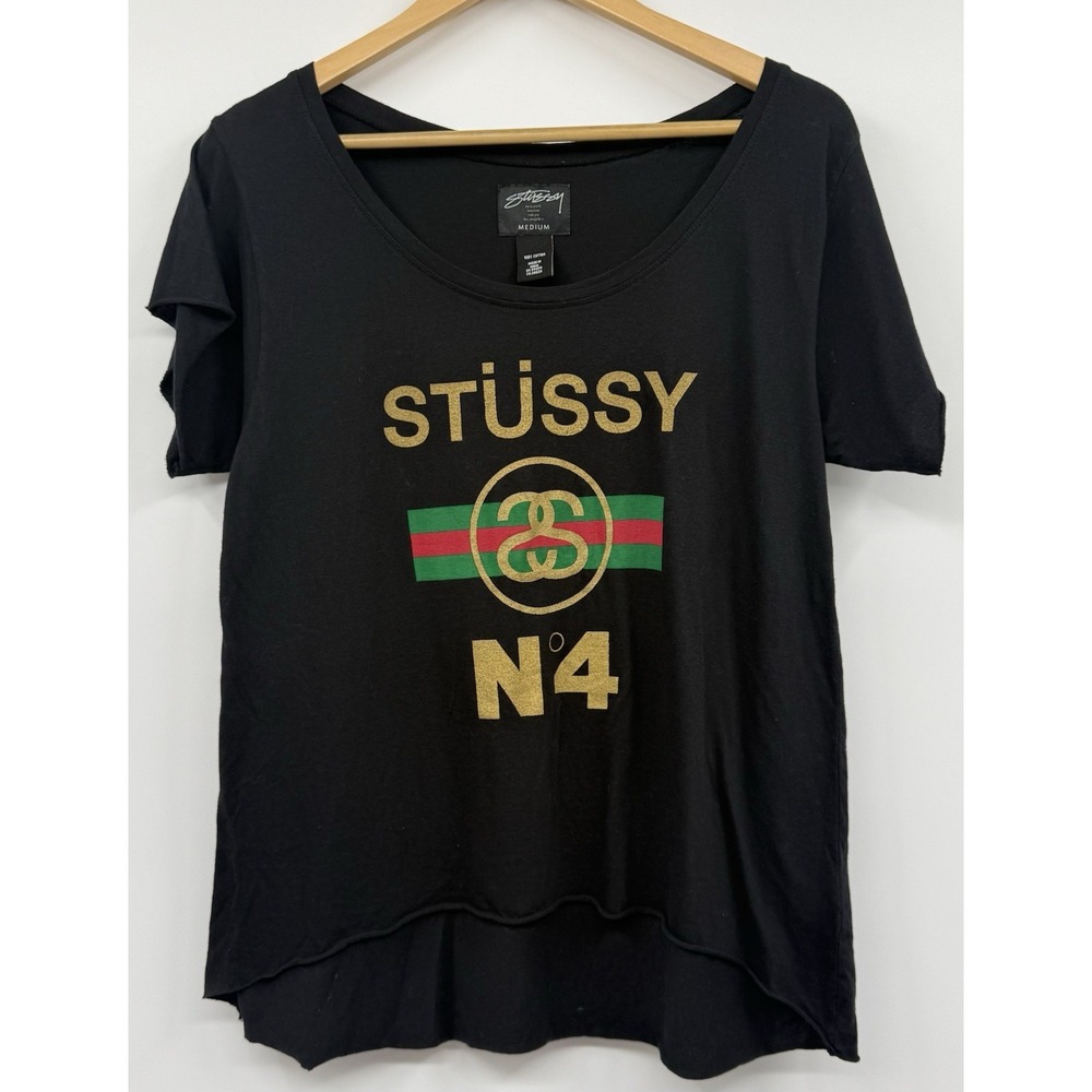 Vintage Stussy T-Shirt Women's Med No4 N4 Link Streetwear Y2K Scoop Neck Relaxed